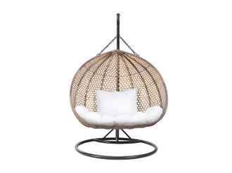 Vente-Unique Sill&oacute;n colgante de 2 plazas de resina trenzada - Beige con coj&iacute;n blanco - VAHINA