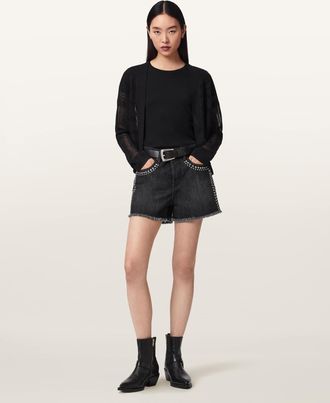AllSaints Cotton Heidi High Waisted Stud Denim Shorts, Size: 25