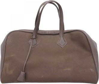 Herm&egrave;s Brown Toile Officier Fjord Leather Boston Bag (Pre-Owned)