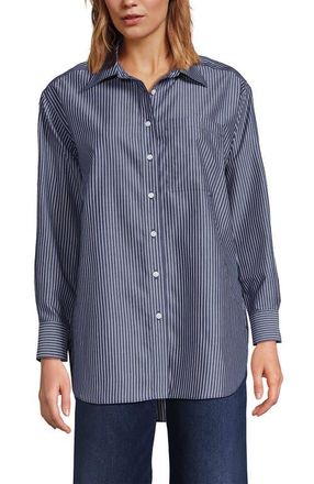 Lands End No Iron Oversized Poplin Extra Long Tunic in Deep Sea Navy Thin Stripe at Nordstrom, Size X-Small P