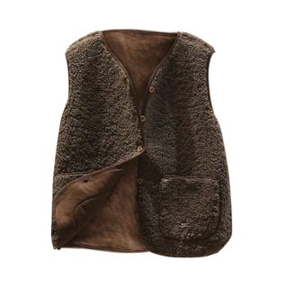 Generic Beige Teddy Fleece Gilet for Women Sleeveless V-neck Button Down Vest Sherpa Fluffy Waistcoat Coat Solid Color Lightweight Cozy Gilets Ladies Winter S