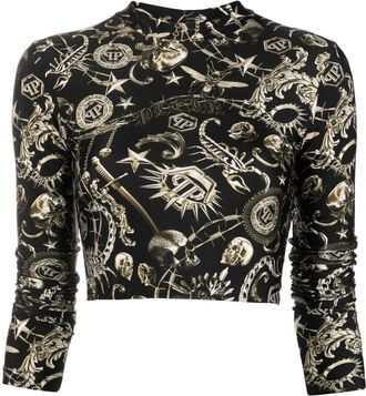Philipp Plein graphic-print three-quarter sleeve T-shirt - women - Polyamide/Elastane - L - Black