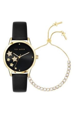 Ted Baker Fitzrovia Leather Strap Watch & Bracelet Set, 34mm in Yellow Gold/Black/Black at Nordstrom Rack