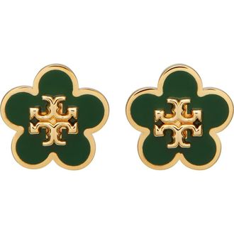 Tory Burch Forget Me Not Enamel Stud Earrings in Tory Gold /Dark Kale at Nordstrom