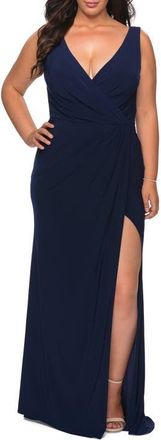 La Femme Jersey Plus Size Dress with V-Neckline and Slit in Navy at Nordstrom, Size 16W