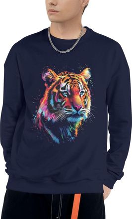 Generic Animal Tiger Eyes Printing Men Crew-Neck Sweatshirt Pullover Navy Blue