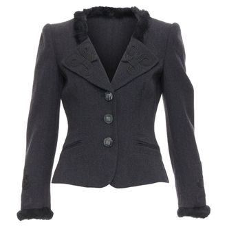Emporio Armani grey virgin wool fur trim totem applique crop blazer IT42 M