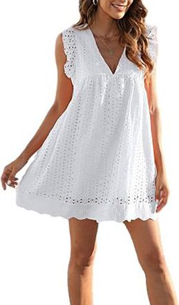 Generic California Romper Dress with Shorts, Womens Summer Womens Ruffle Sleeve V Neck Dress with Shorts (White,XXL)