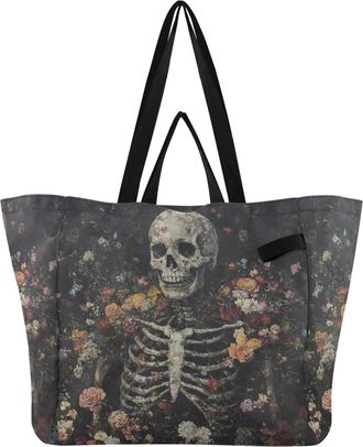 Generic Flowers Skeleton Black pattern Reusable Canvas Tote Bag, Heavy Duty Grocery Shopping Bag with Double Handles Hard Bottom Large Capacity Work Groceries