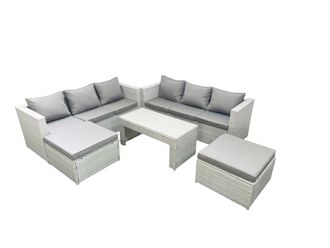 Fimous 8 Seater Garden Outdoor Rattan Furniture Set Rattan Garden Sofa Oblong Coffee Table with 2 Big Footstools Light Grey Mixed