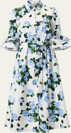 Carolina Herrera Tiered Ruffle Sleeve Belted Midi Shirtdress
