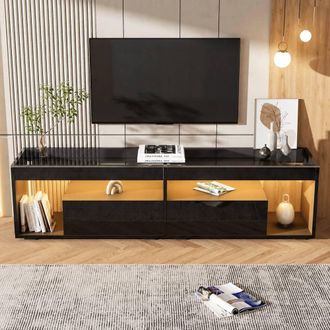Merax Black High Gloss LED TV Stand for TV up to 80 Inch with Glass Tabletop