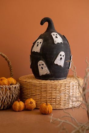 Kalalou Black Clay Pumpkin With Ghosts Luminary