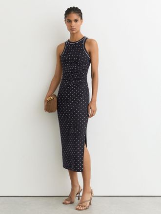 Reiss Navy Polka-dot Jersey Racer Midi Dress, XL