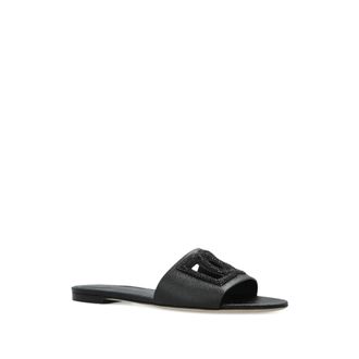 Dolce & Gabbana Sliders, female, Black, Size: 8 1/2 US DG Logo Leather Flat Sandals