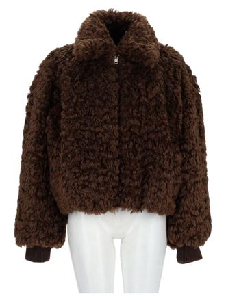 Msgm Brown Cropped Plush Ribbed Cuff Faux Fur Bomber Jacket