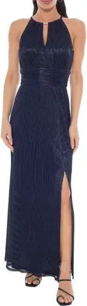 OLEG CASSINI Metallic Pleated Gown in Navy at Nordstrom Rack, Size X-Large