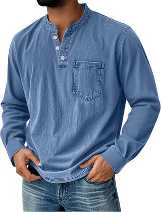 Generic Mens Shirts Henley Shirts for Men Water Washed Long Sleeve Rugby Polo Shirt Casual Distressed V Neck Pullover Sweatshirts Pocket Blue 5X-Large