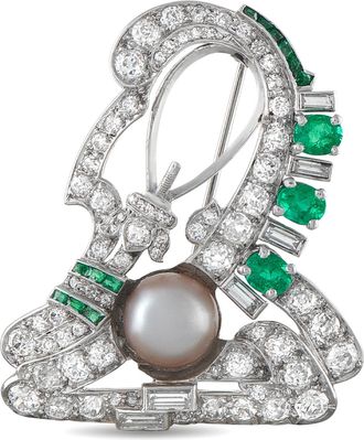 Luxury Bazaar 14K White Gold 2.70ct Diamond, Pearl, and Emerald Brooch MF21-070126