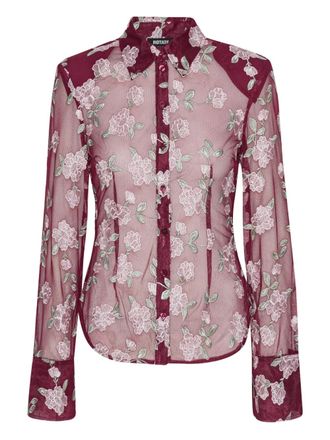 Rotate floral-embroidered mesh shirt
