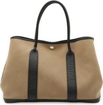 Herm&egrave;s Beige Brown Black Toile Officier Leather Handbag Tote Bag (Pre-Owned)