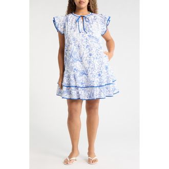 Sugarlips Eve Floral Taris Ruffe Cotton Minidress in White/Blue at Nordstrom, Size 3 X