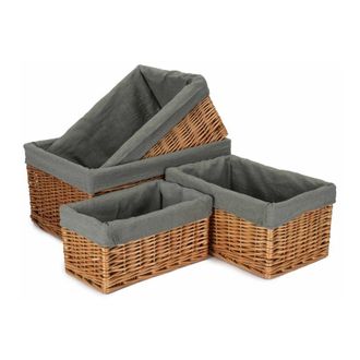 Red Hamper Set of 4 Double Steamed Grey Cotton Lined Willow Storage Baskets