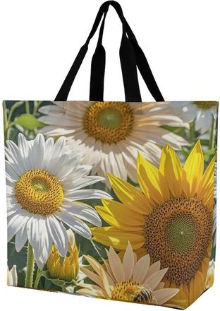 Generic YHNNH Fashionable Reusable Womens Shoulder Tote Bag Sunflowers Daisy Rose Flowers Printed with Unique Heat Transfer Print, Eco-Friendly Durable Polyes