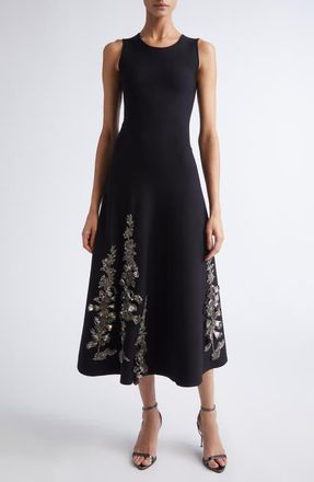 Oscar De La Renta Foxglove Embroidered Sleeveless Fit & Flare Dress in Black at Nordstrom, Size X-Large