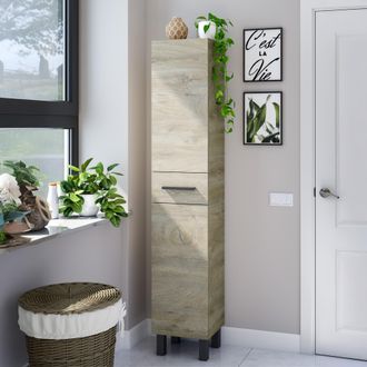 Dmora Armario Columna Alka, Un Caj&oacute;n, 3 Estantes, 2 Puertas, 35x31x182h Cm Roble Gris Marr&oacute;n