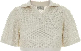 Giuseppe Di Morabito Cropped Pearl Polo Top - female - Giuseppe Di Morabito - V-neck Knitwear - White - XS - Knitwear
