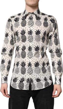 Dolce & Gabbana White Pineapple Print Long Sleeve GOLD Mens Shirt