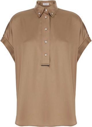 Brunello Cucinelli Overhemden, Dames, Beige, S, Satijn, Stretch Zijde Satijnen Shirt met Korte Mouwen en Monili