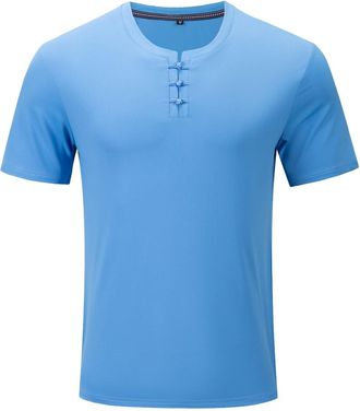 Generic Henley Shirts for Men Half Sleeve Summer Casual Tshirt Crewneck Knot Button Plain Tops Cotton Beach Collarless Shirts Comfy Holiday Grandad T Shirt Bl