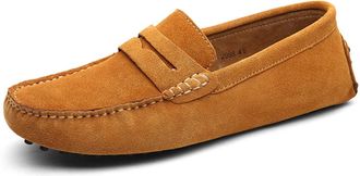 Generic Mens Loafers Genuine Leather Suede Vamp Penny Loafer Stitching Details Round Toe Lightweight Flexible Flat Heel Comfortable Prom Slip-on(Light Brown,1