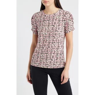 Anne Klein Print Pleat Short Sleeve Top in Calypso Coral Multi at Nordstrom, Size X-Large