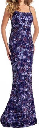 Faviana Sequin Floral Design Prom Dress In Purple Navy