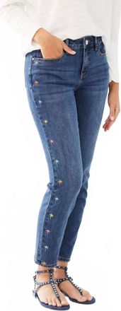 FDJ Olivia Embroidered Pastel Palm Trees Pencil Ankle Denim Jeans In Medium Wash