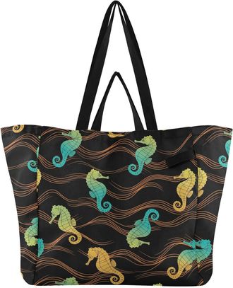 Generic Seahorse Blue Gradient print Reusable Canvas Tote Bag, Heavy Duty Grocery Shopping Bag with Hard Bottom Double Handles Large Capacity Work Groceries T