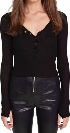 Michael Lauren Reghan Crop Long Sleeve Scoop Neck Henley Top In Black