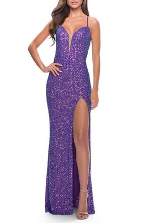 La Femme Stretch Sequin Gown with Deep V Neck and Tie Back in Bright Colors in Purple at Nordstrom, Size 12