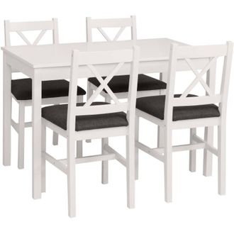 Hhg [NON UTILIZZATO] Set tavolo con 4x sedie country classica cucina soggiorno HHG-619 legno massello, bianco cuscini nero