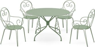 Vente-Unique Conjunto de mesa y sillas de jard&iacute;n de metal: Una mesa D.120cm y 4 sillas apilables - Verde almendra - GUERMANTES de MYLIA