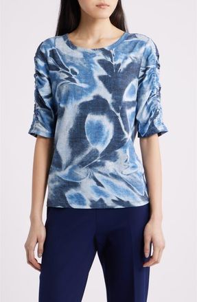 Anne Klein Print Ruched Elbow Sleeve Top in Distant Mountain Multi at Nordstrom, Size X-Small