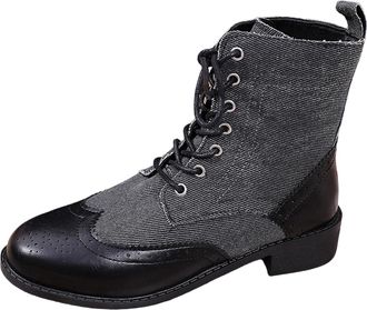 Generic Lace Up Boots Women Casual Denim Biker Booties Stylish Patchwork Non-Slip Classic Low Chunky Heel Comfy Ankle Walking Boots Fall Winter