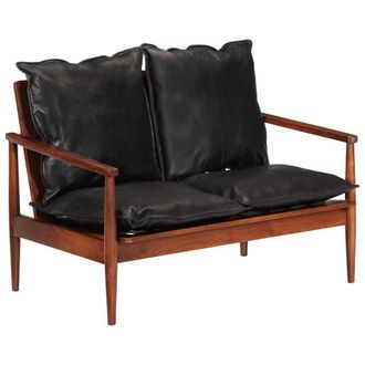 vidaXL Vidaxl - Divano 2 Posti Nero Vera Pelle E Legno Massello Acacia