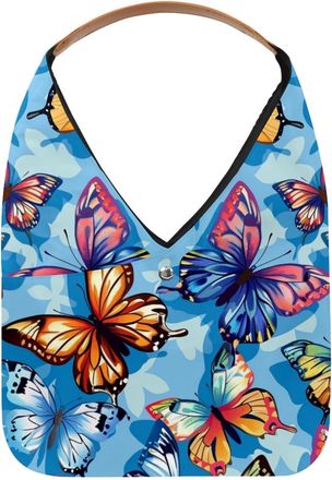 Generic Colored Butterflies Blue Background (6) Reusable Lightweight Grocery Bags - Foldable Into Compact Pouch, Washable & Sturdy, Multipurpose for Shopping 