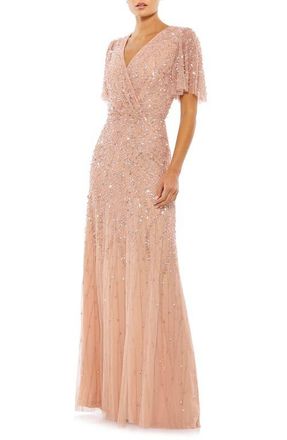 Mac Duggal Womens Embellished Flutter Sleeve Evening Gown in Nude at Nordstrom, Size 10