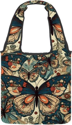 Generic Vintage Retro Butterfly Reversible Canvas Shoulder Tote - Double-Sided Print, 12oz Cotton, 27cm Drop, Fold-Flat Bag for Travel, Shopping, Street Outin