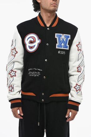 Off-white Varsity Wool-Blend Bomber WIZ LEA with Leather Sleeves Off-White